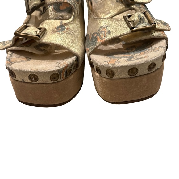 Rare Vtg Bridget Platform Wedge Leather Sandals Dragon Tattoo Print, Sz 9 - Picture 3 of 16
